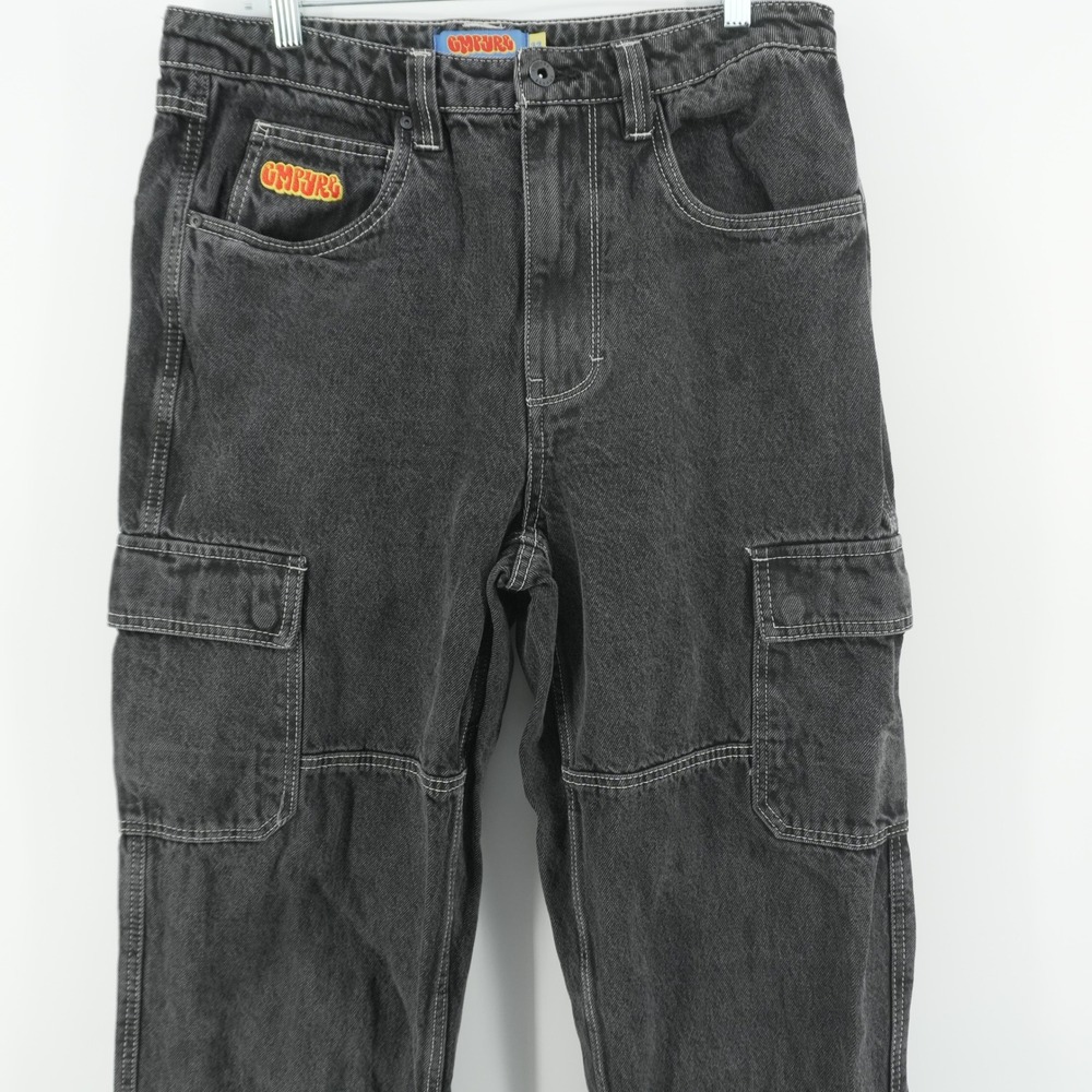 Empyre Cargo Jeans Mens 32 Black Washed Denim Contrast Stitch Skate Pants